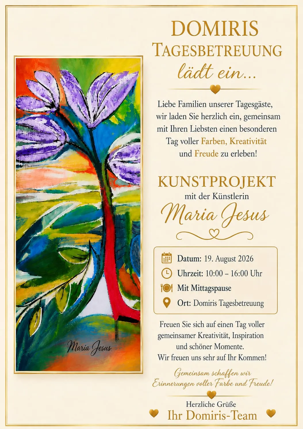 Einladung: Domiris Tagesbetreuung lädt ein zum Kunstprojekt mit der Künstlerin Maria Jesus am 19. August 2026 von 10:00 bis 16:00 Uhr